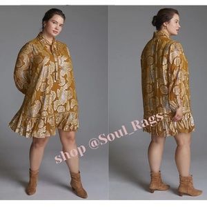 Anthropologie Maeve Boho Neck Tie Dress Gold Metallic Floral 3X